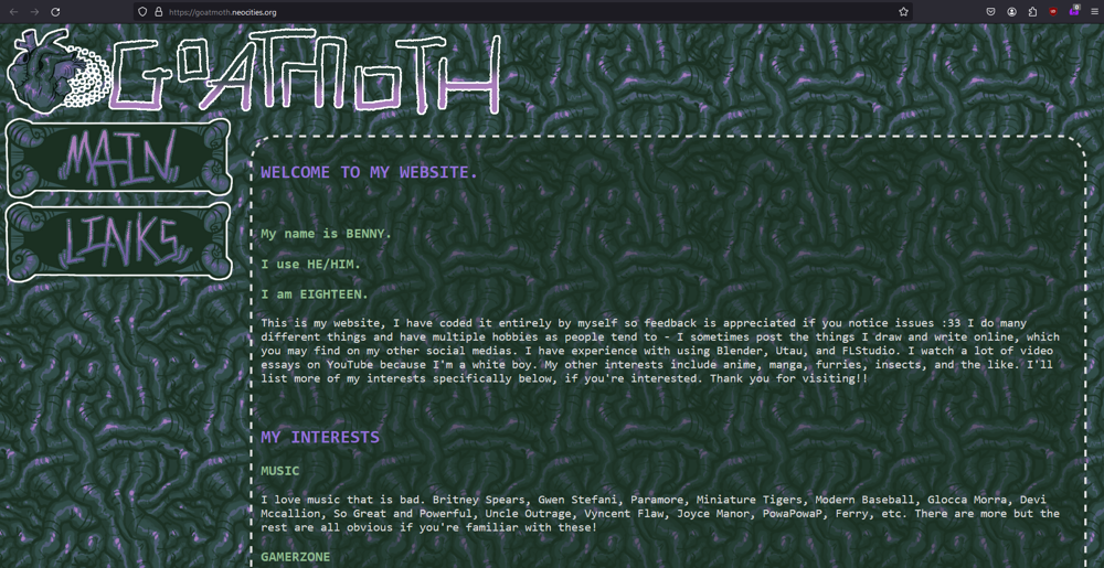 Screenshot of old site design. Two big, green oblong buttons are visible on the left, saying 